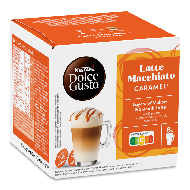 Напій кавовий Latte Macchiato Caramel 8капсул кава+8 капсул сухе молоко Nescafe Dolce Gusto