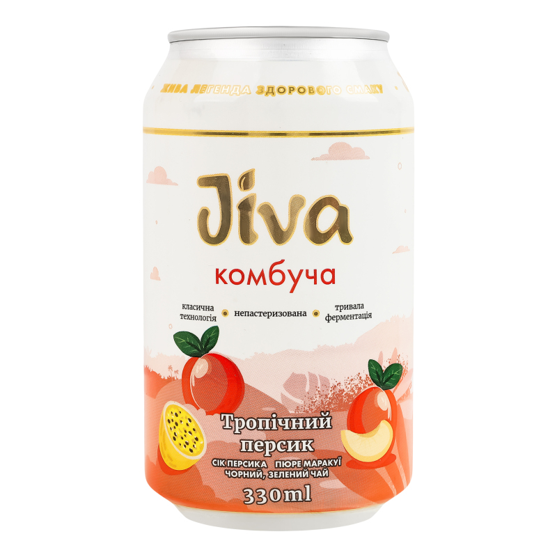 Напій безалкогольний слабогазований соковий Тропічний персик Комбуча Jiva з/б