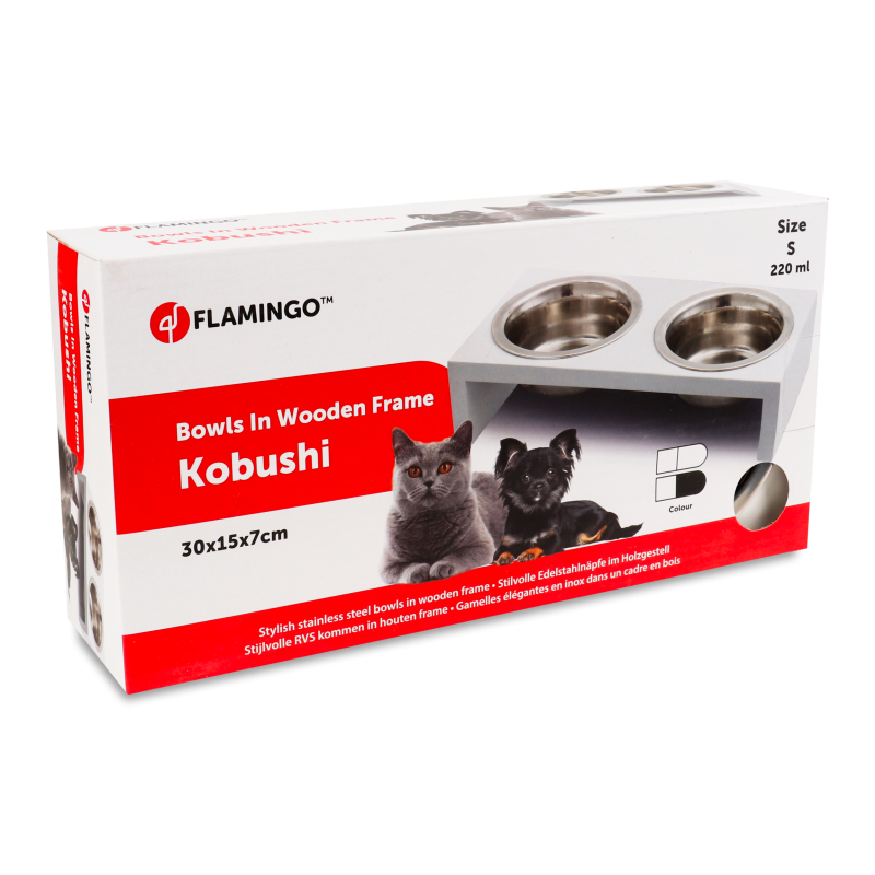 Набір Миска д/тварин Kobushi 2*220мл нержавіюча сталь+Підставка біла МДФ 30*15*7см Flamingo