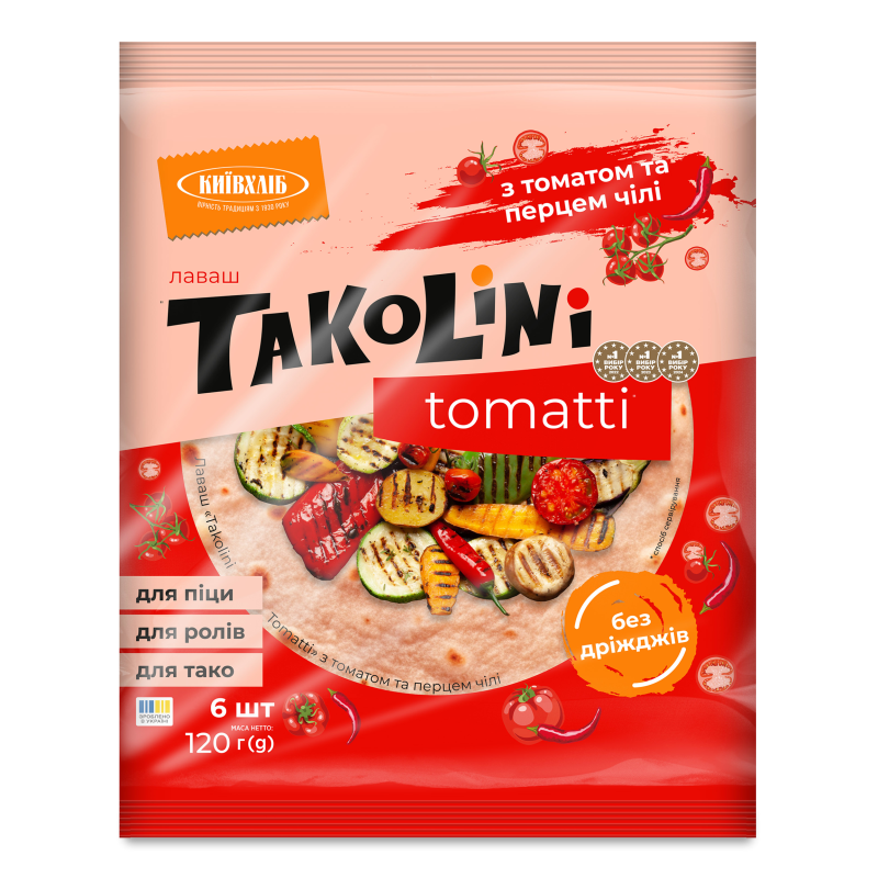 Лаваш Takolini Tomatti з томатом та перцем чилі 120г плівка Київхліб