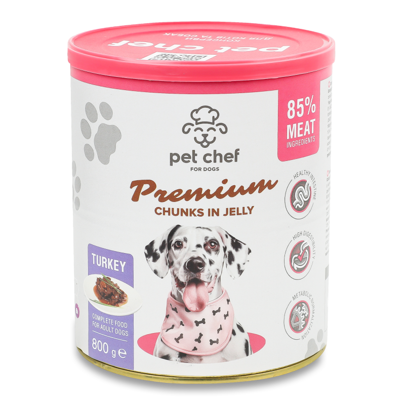 Корм д/дорослих собак Premium шматочки з індичкою в желе 800г ж/б Pet Chef
