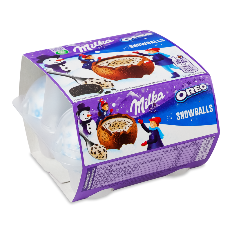 Шоколад фігурний Сноу Боллс молочний з кремовою молочною начинкою та шматочками печива Орео 112г Мілка