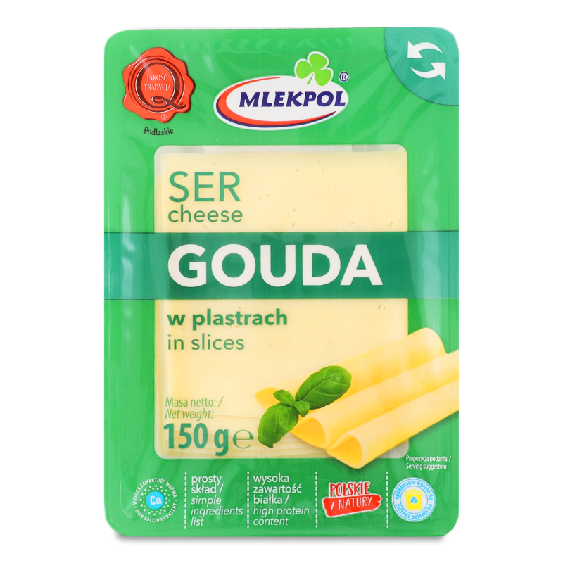 Сир Гауда 45% нарізка 150г газ/уп Mlekpol