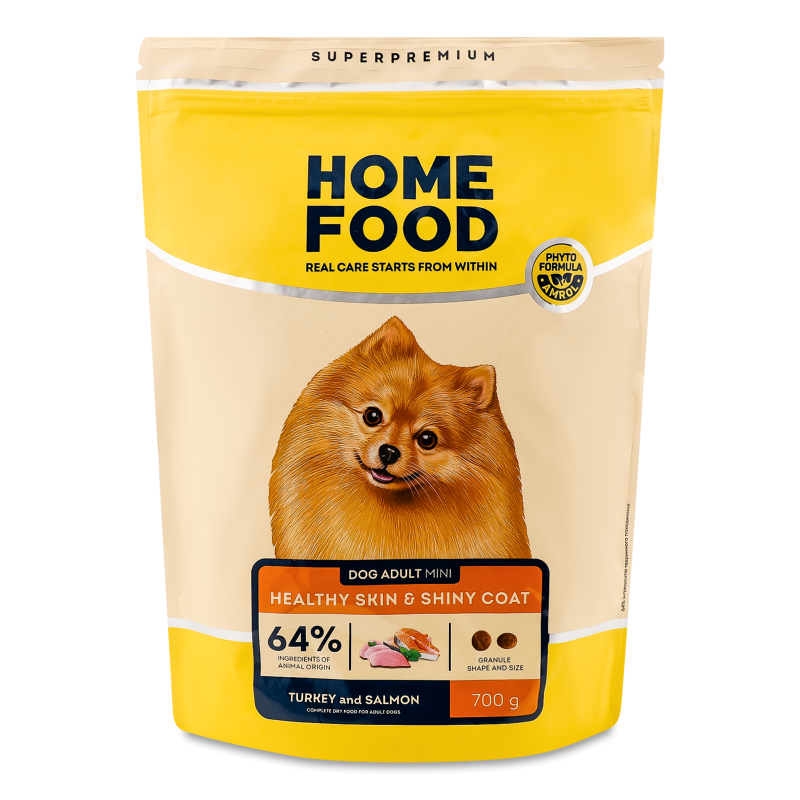 Корм д/дорослих собак малих порід Здорова шкіра та блиск шерсті Індичка та лосось сухий 700г Хоум Фуд