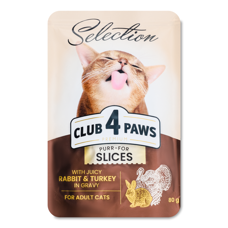 Корм д/дорослих котів Преміум Селекшн шматочки з кроликом та індичкою в соусі 80г пауч Клуб 4 лапи