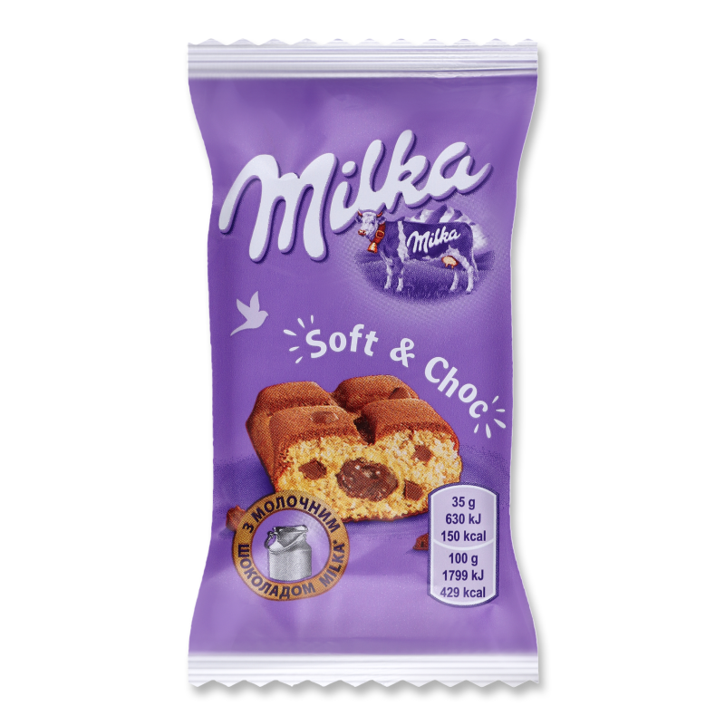 Тістечко бісквітне з шоколадною начинкою та шматочками молочного шоколаду 35г Мілка