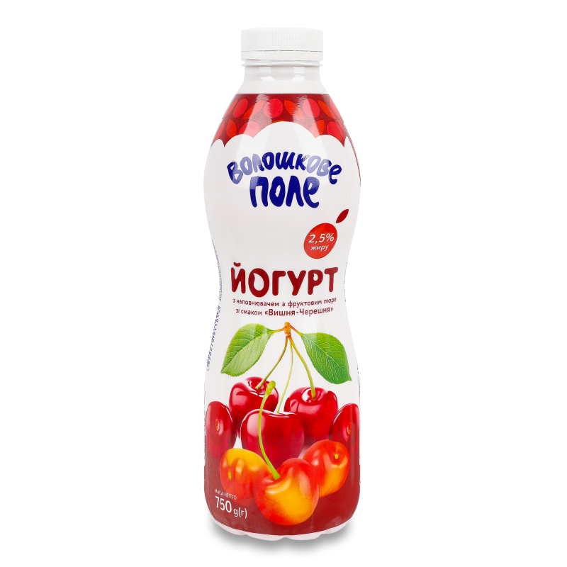 Йогурт питний з фруктовим пюре з смаком Вишня-черешня 2,5% 750г пет Волошкове поле