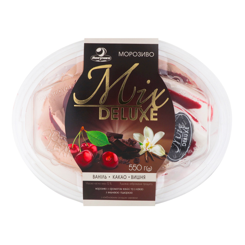 Мороженое 12% Ваниль-вишня-какао Mix Deluxe Ласунка п/у 550г