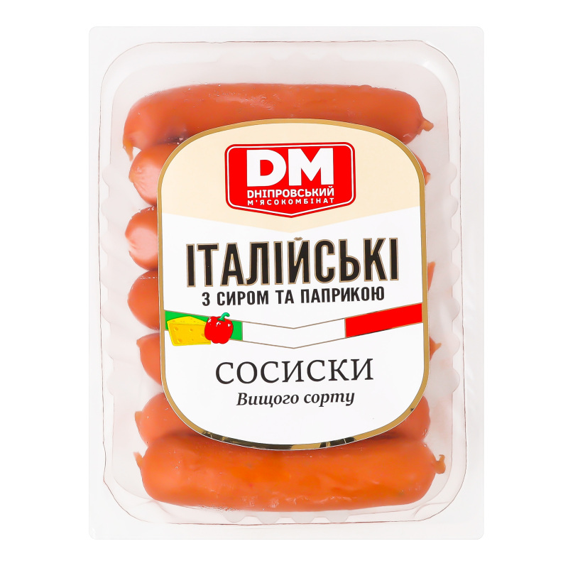 Сосиски Італійські з сиром та паприкою Дніпровський м'ясокомбінат в/с кг