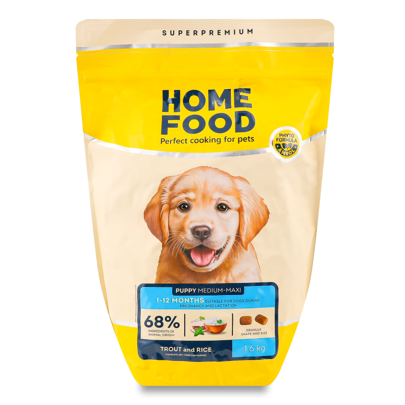 Корм д/цуценят середніх та великих порід Форель з рисом гіпоалергенний сухий 1,6кг Home Food