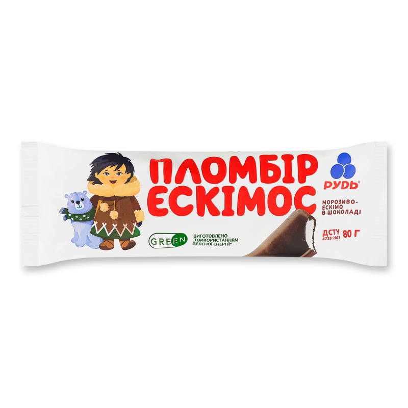 Морозиво Ескімос пломбір в шоколаді 80г паперовий пакет Рудь