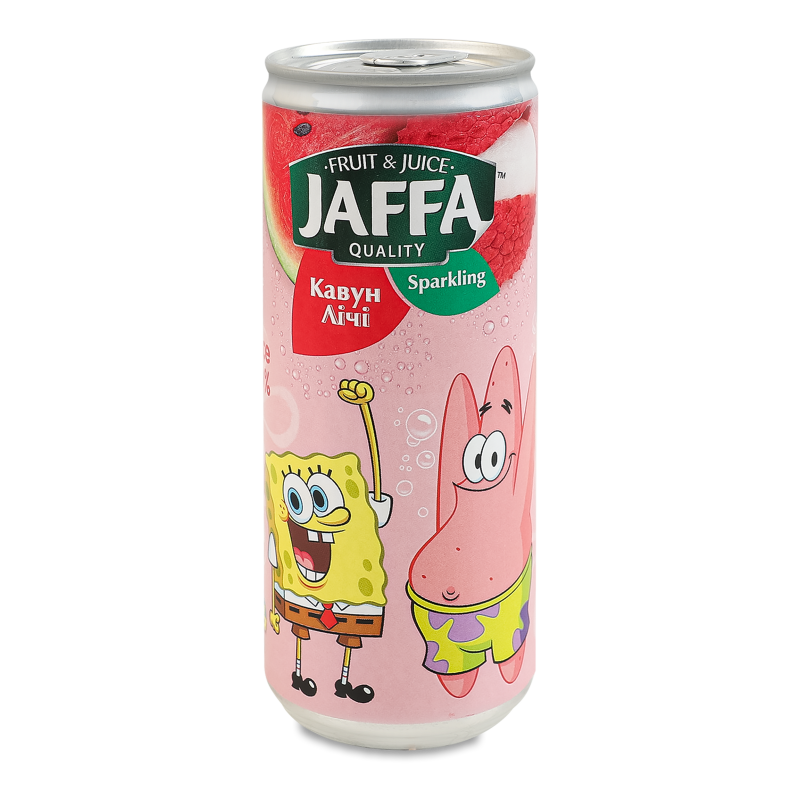 Напій соковий Sponge Bob з кавуна та лічі газований 250мл ж/б Jaffa