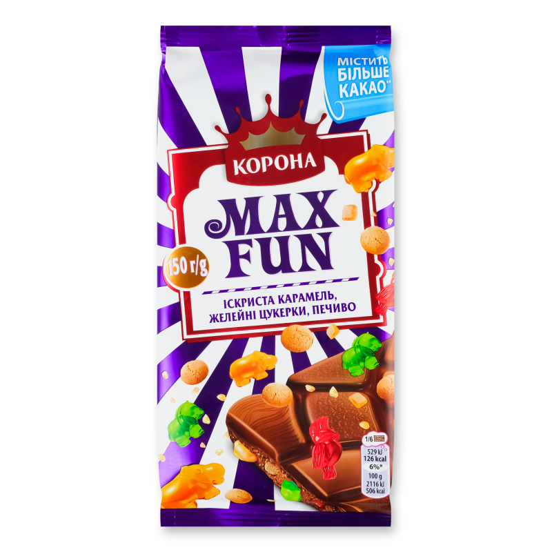 Шоколад МаксФан молочний з мармеладом печивом та вибуховою карамеллю 150г Корона
