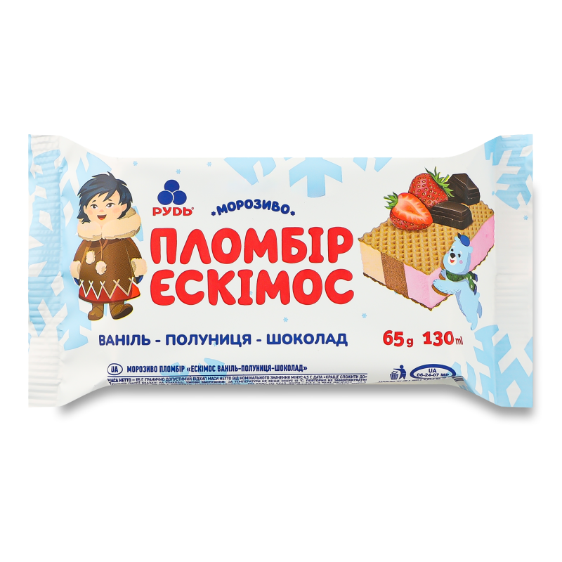 Морозиво Ескімос Ваніль-шоколад-полуниця 65г Рудь