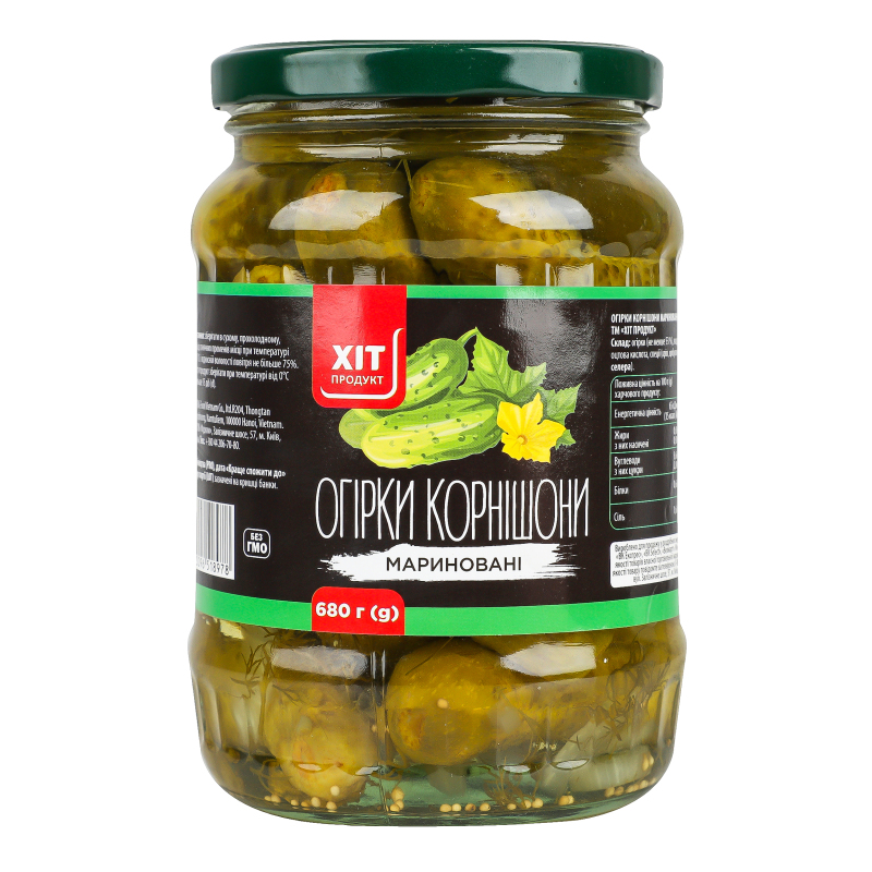 Огірки мариновані пастеризовані Корнішони Хіт продукт с/б