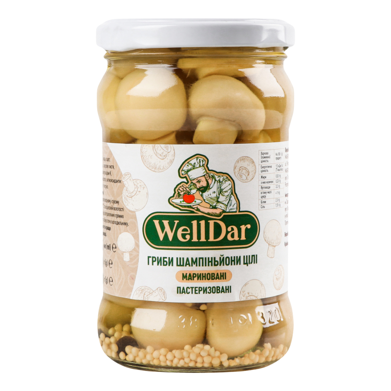 Гриби шампіньйони цілі мариновані WellDar с/б