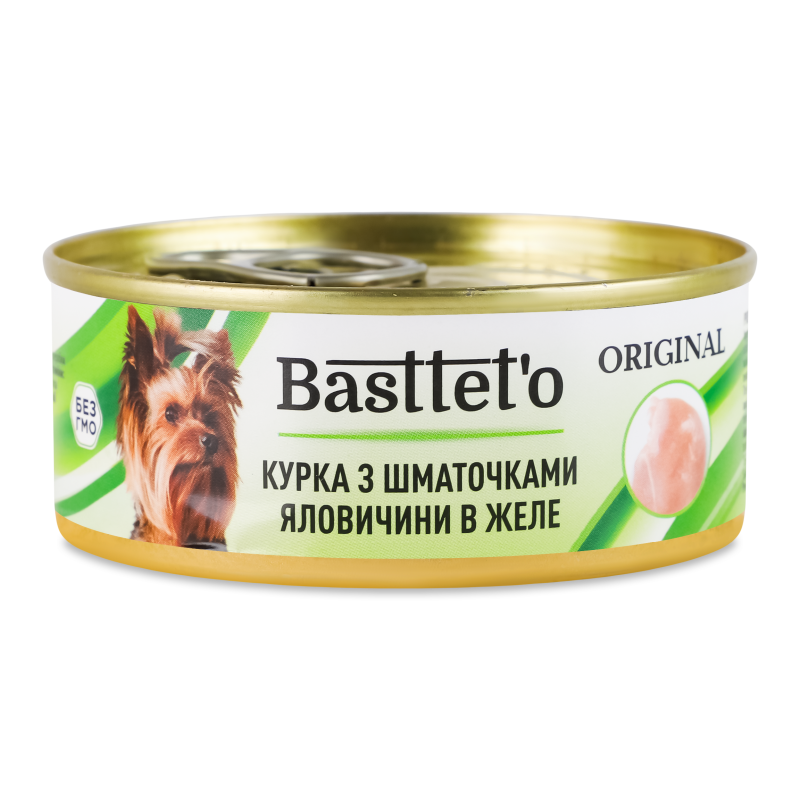 Корм д/собак Курка з шматочками яловичини в желе 85г ж/б Басттет”о