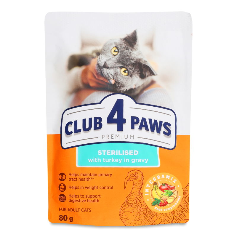 Корм д/дорослих стерилізованих котів Premium з індичкою в соусі 80г пауч Club 4 Paws