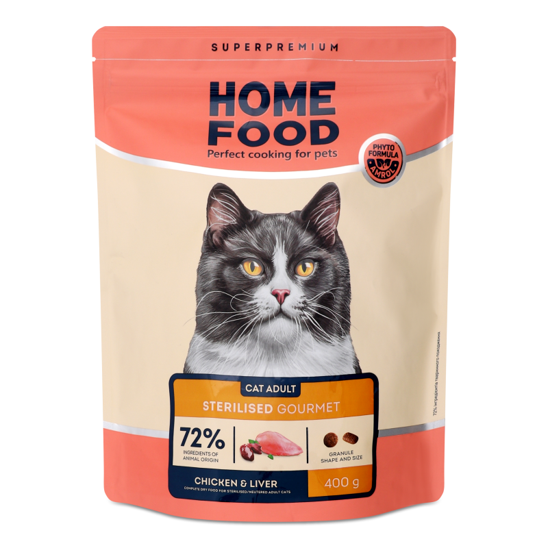Корм д/дорослих стерилізованих вибагливих котів Курка та печінка сухий 400г Хоум Фуд