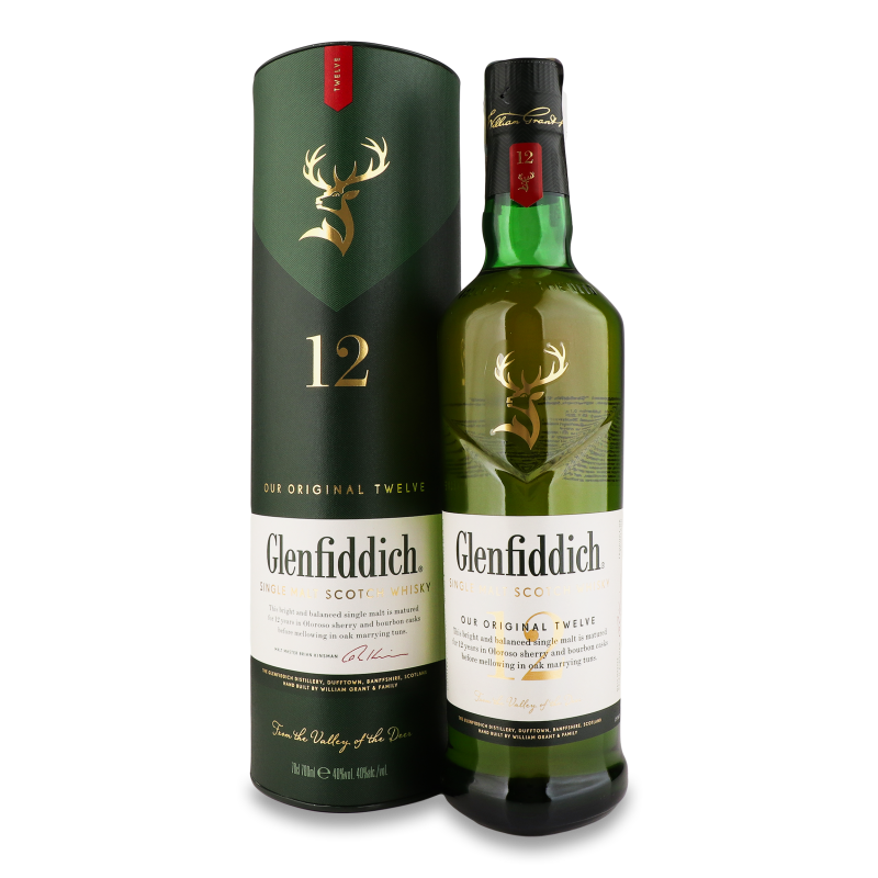 Віскі односолодовий 12років 40% 0,7л тубус Гленфіддіч