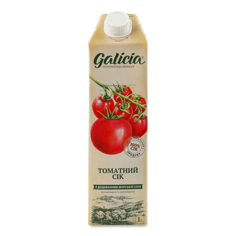 Сік томатний з м”якоттю з сіллю 1л т/брік Galicia