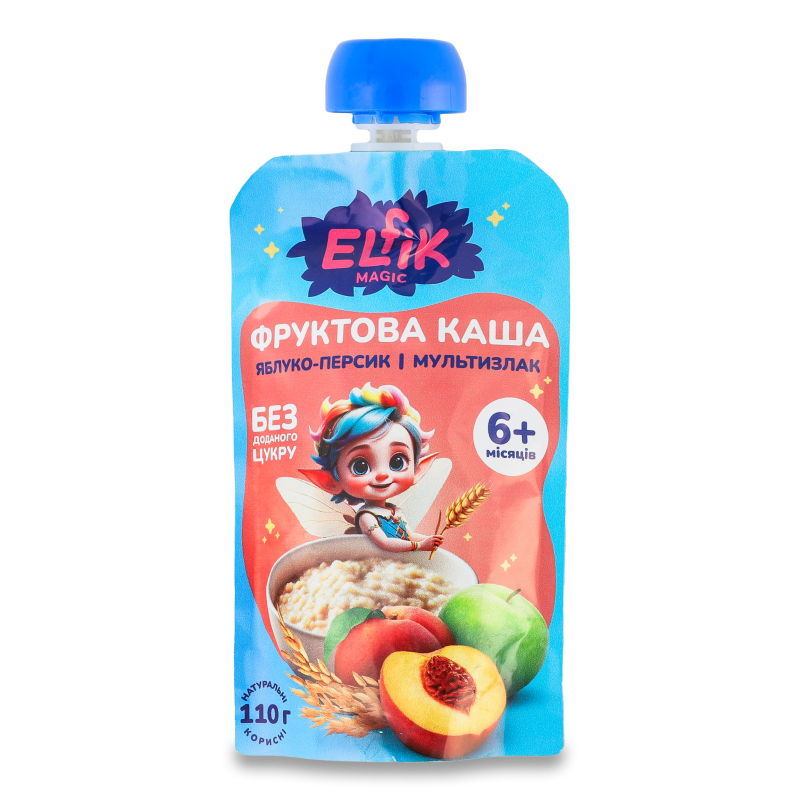 Каша фруктова Яблуко персик та мультизлак від 6місяців 110г пауч Elfik Magic