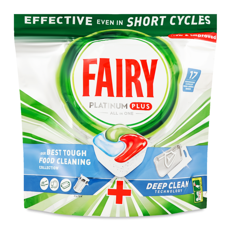 Засіб д/миття посуду в посудомийних машинах Платинум Плюс Все в 1 Свіжий трав”яний бриз 17капсул Фейрі