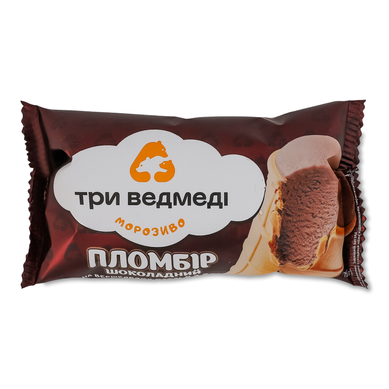 Морозиво Пломбір шоколадний на вершковому маслі вафельний стакан 75г Три ведмеді