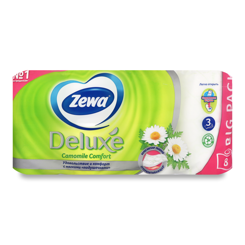 Папір туалетний Делюкс камоміл 3шари 8шт Зева