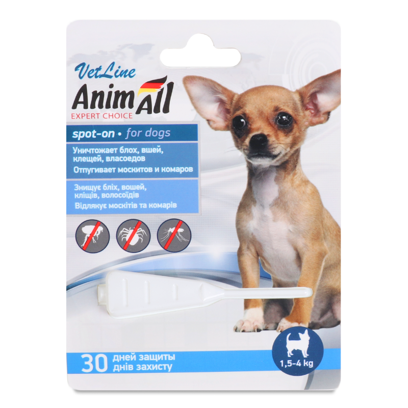 Краплі протипаразитні д/собак від 1,5 до 4кг VetLine spot-on 0,8мл AnimAll