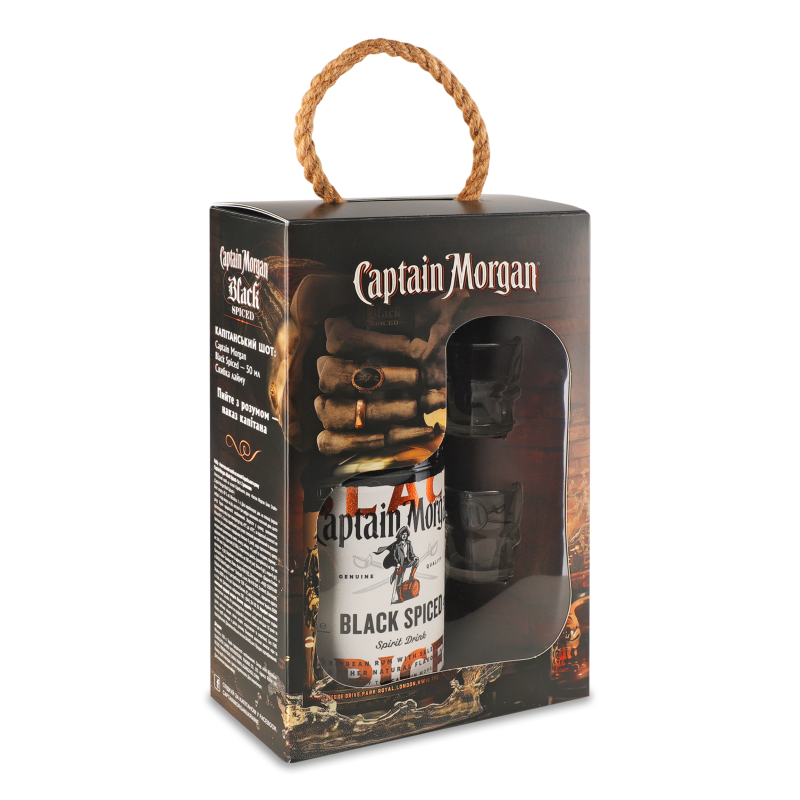 Набір Напій алкогольний на основі Карибського рому Black Spiced 40% 1л+2рюмки коробка Captain Morgan