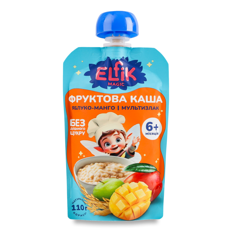 Каша фруктова Яблуко манго та мультизлак від 6місяців 110г пауч Elfik Magic