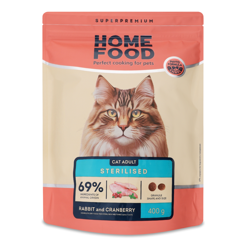 Корм д/дорослих стерилізованих котів Кролик та журавлина сухий 400г Хоум Фуд