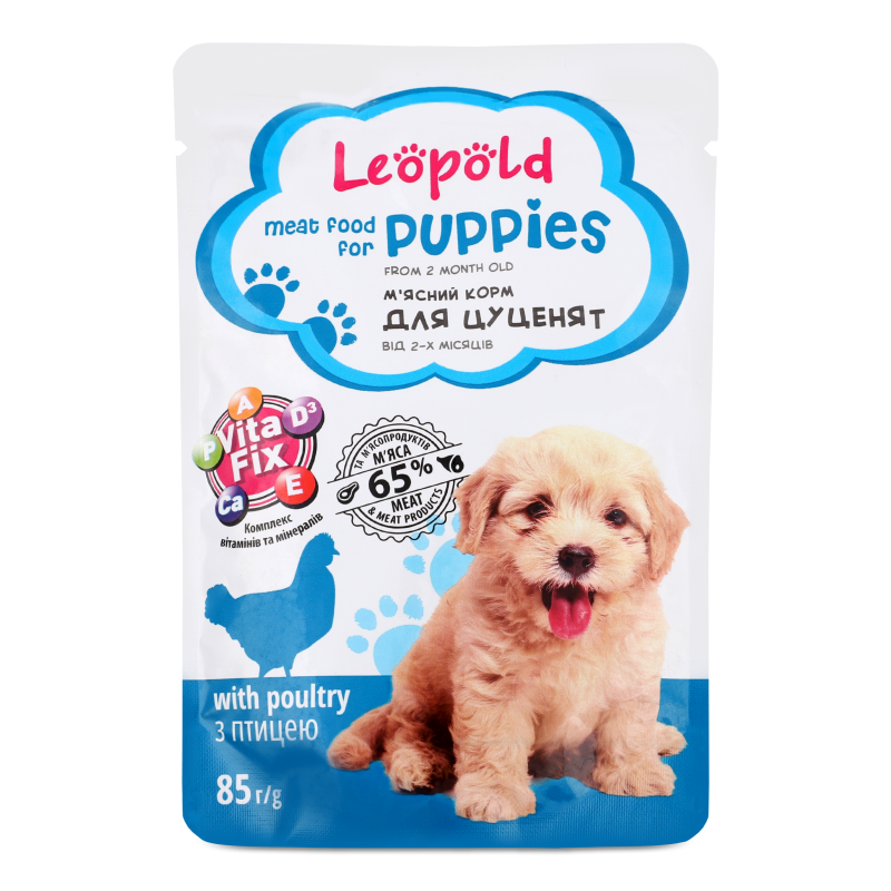 Корм д/цуценят м”ясний з птицею 85г пауч Леопольд
