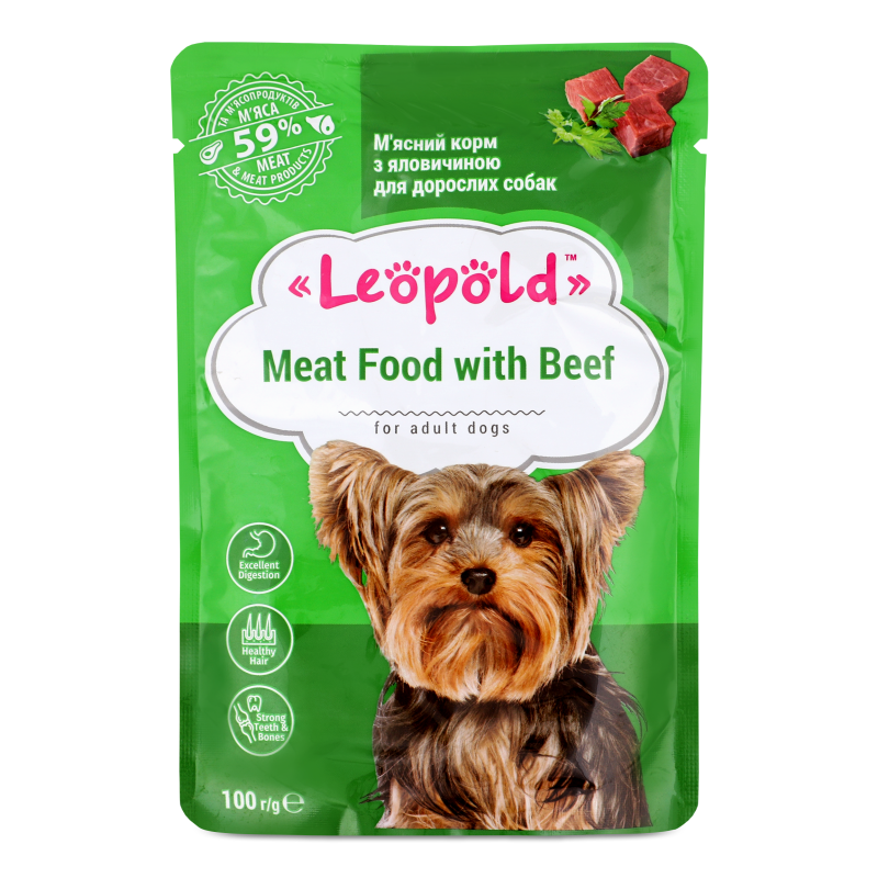 Корм д/дорослих собак з яловичиною 100г пауч Леопольд