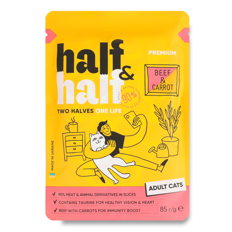 Корм д/котів з яловичиною та морквою в желе 85г пауч Half&Half