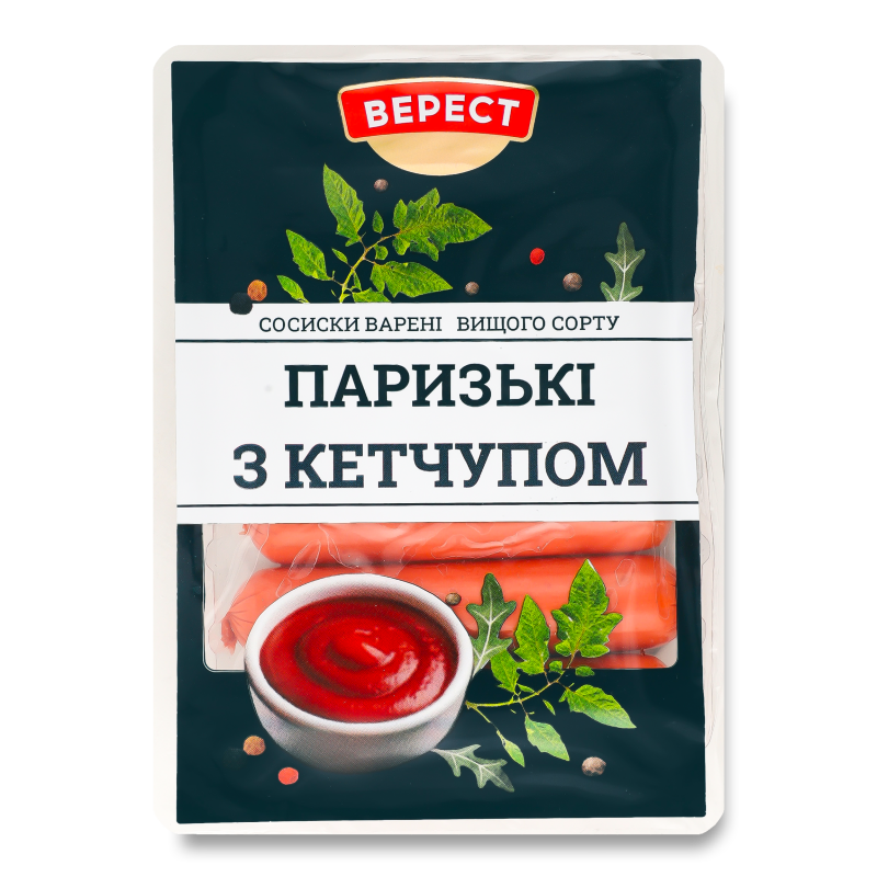 Cосиски Паризькі з кетчупом варені в/г 280г газ/уп Верест