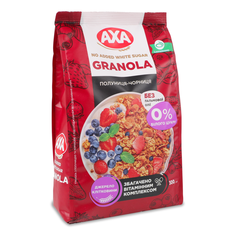Сніданок сухий Гранола з полуницею та чорницею без цукру 300г м/у Аха