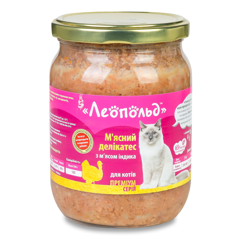 Корм д/котів М”ясний делікатес Преміум серія з м”ясом індика 500г твіст/б Леопольд
