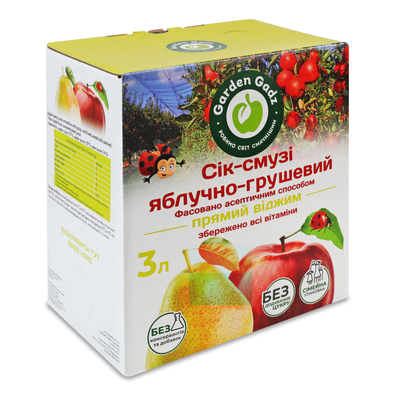 Сік-смузі яблучно-грушевий з м’якоттю прямий віджим 3л коробка Garden Gadz