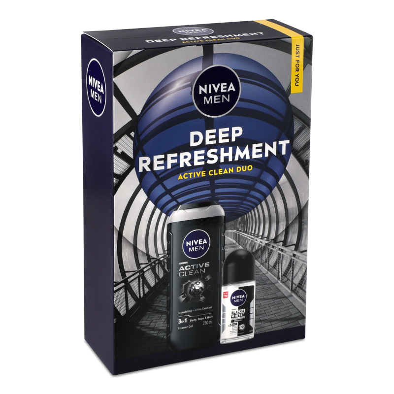 Набір Deep Refreshment Гель д/душу Active clean 250мл+Антиперспірант Чорне та біле спрей 150мл Nivea Men