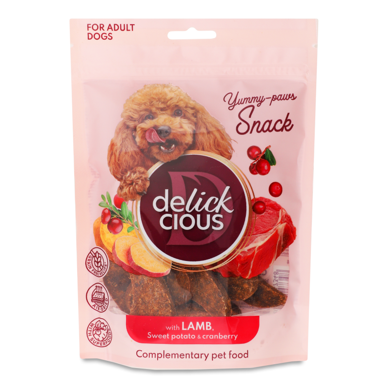 Ласощі д/собак Снеки з ягням бататом та журавлиною 80г Delickcious