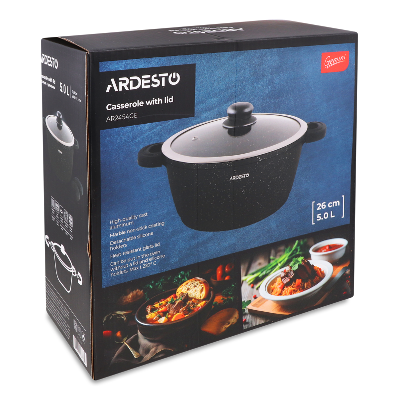 Каструля Gemini Anzio 5л чорний алюміній з скляною кришкою Ardesтo