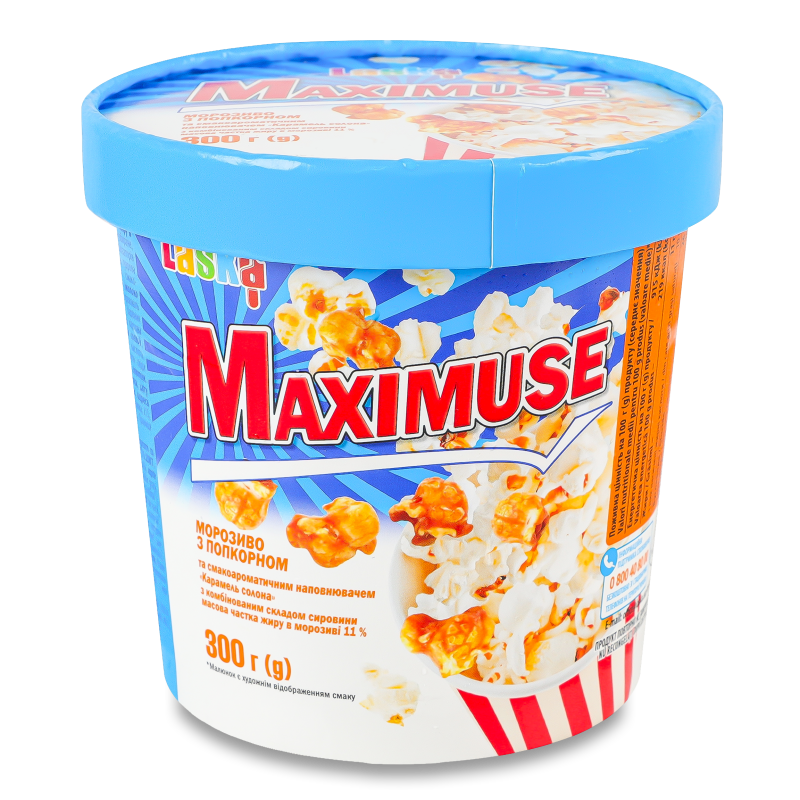 Морозиво Maxsimuse з смаком попкорну та наповнювачем Карамель солона 300г Laska
