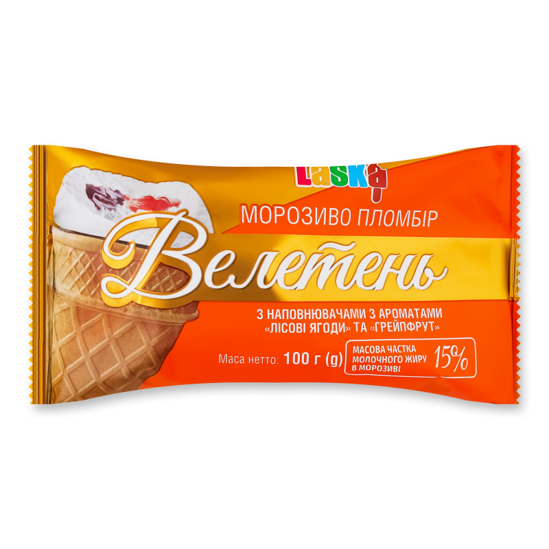 Морозиво Велетень пломбір з наповнювачем Лісові ягоди та грейпфрут вафельний стакан 100г Laska