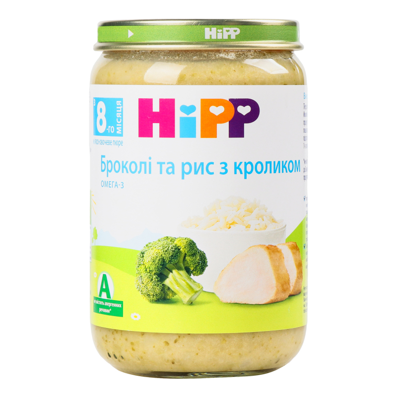 Пюре для дітей від 8міс Броколі та рис з кроликом Hipp с/б