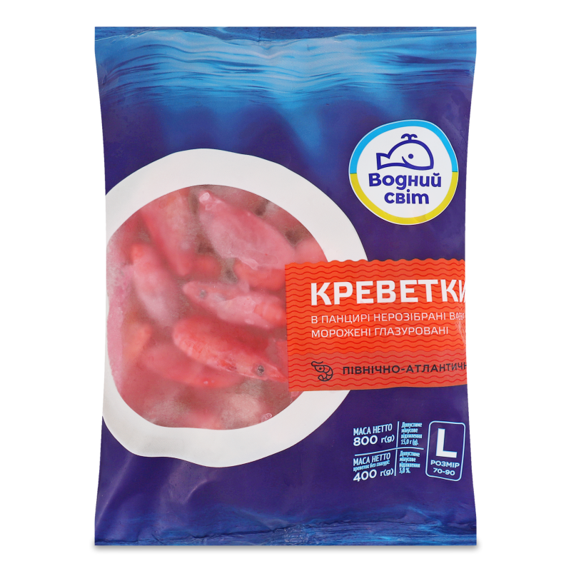 Креветки північно-атлантична L 70/90 в/м 800г Водний світ