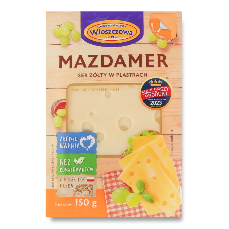 Сир Маздамер 45% нарізка 150г газ/уп Влощова