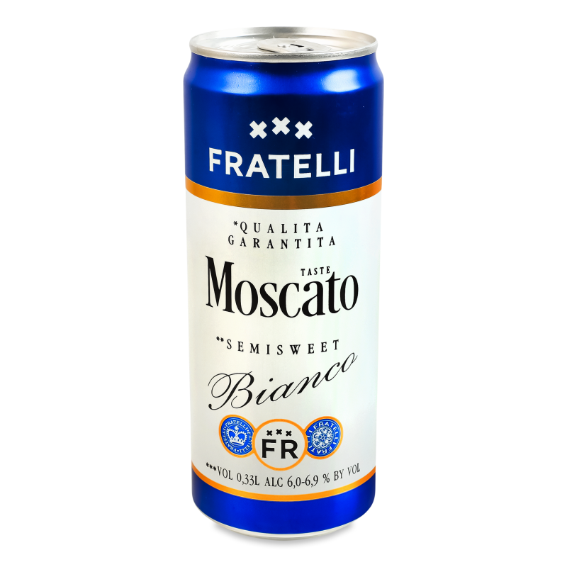 Напій винний Moscato Bianco білий н/солодкий газований 6-6,9% 330мл ж/б Fratelli