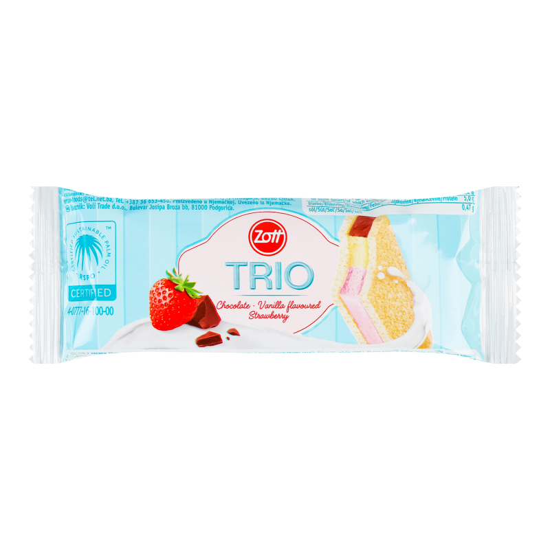 Тістечко з вершковим наповненням полуниці шоколаду та ванілі Trio Zott м/у